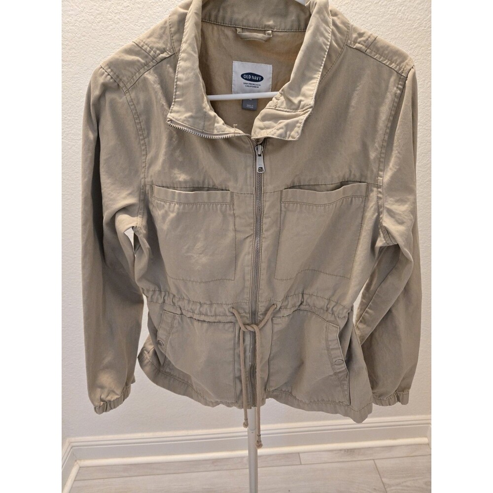 OLD NAVY WOMEN'S LARGE Khaki Utility Military Zip Snap Jacket Cotton Cinch Waist